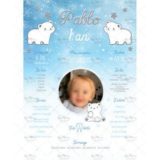 MMEZ CREAZIONI - AFFICHE ANNIVERSAIRE PERSONNALISEE OURSON POLAIRE & BLEU