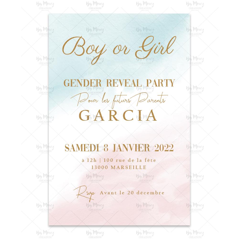 Invitation Gender reveal party personnalisée - Thème Aquarelle