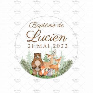 MMEZ CREAZIONI - STICKER MACARON ETIQUETTE AUTOCOLLANTE BAPTEME PERSONNALISE WOODLAND & SAPIN