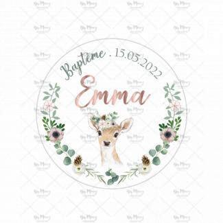 MMEZ CREAZIONI - STICKER MACARON ETIQUETTE AUTOCOLLANTE BAPTEME PERSONNALISE BICHE & FORET ROSE GOLD