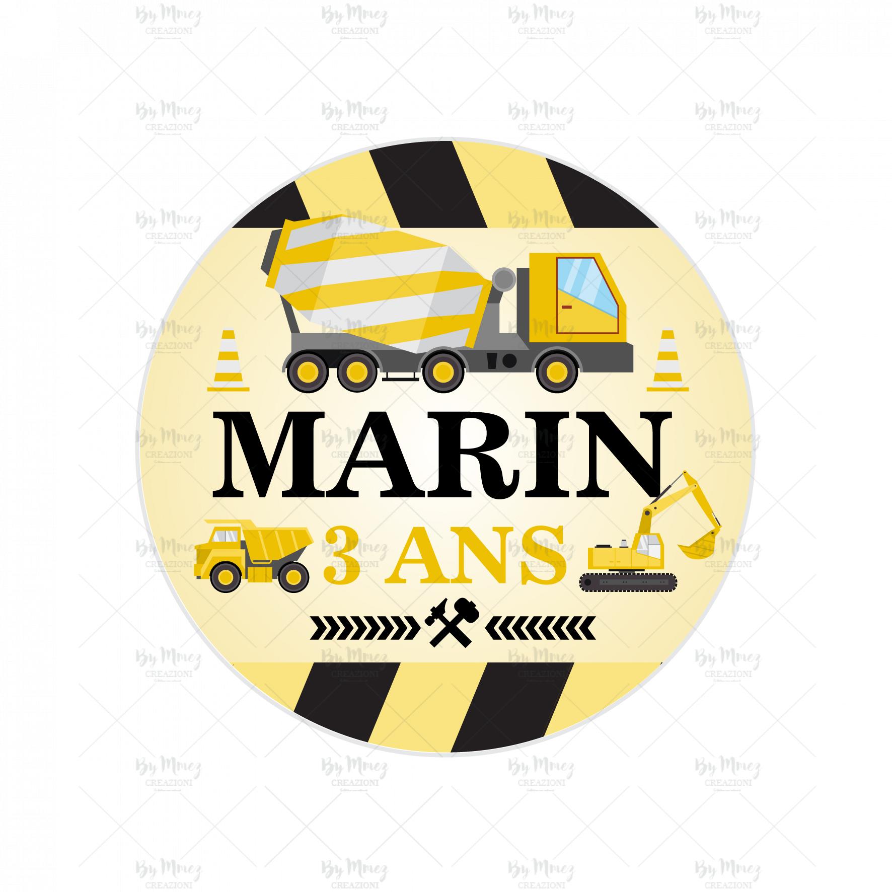 MMEZ CREAZIONI - STICKER MACARON ETIQUETTE AUTOCOLLANTE ANNIVERSAIRE PERSONNALISE ENGINS DE CHANTIER & JAUNE