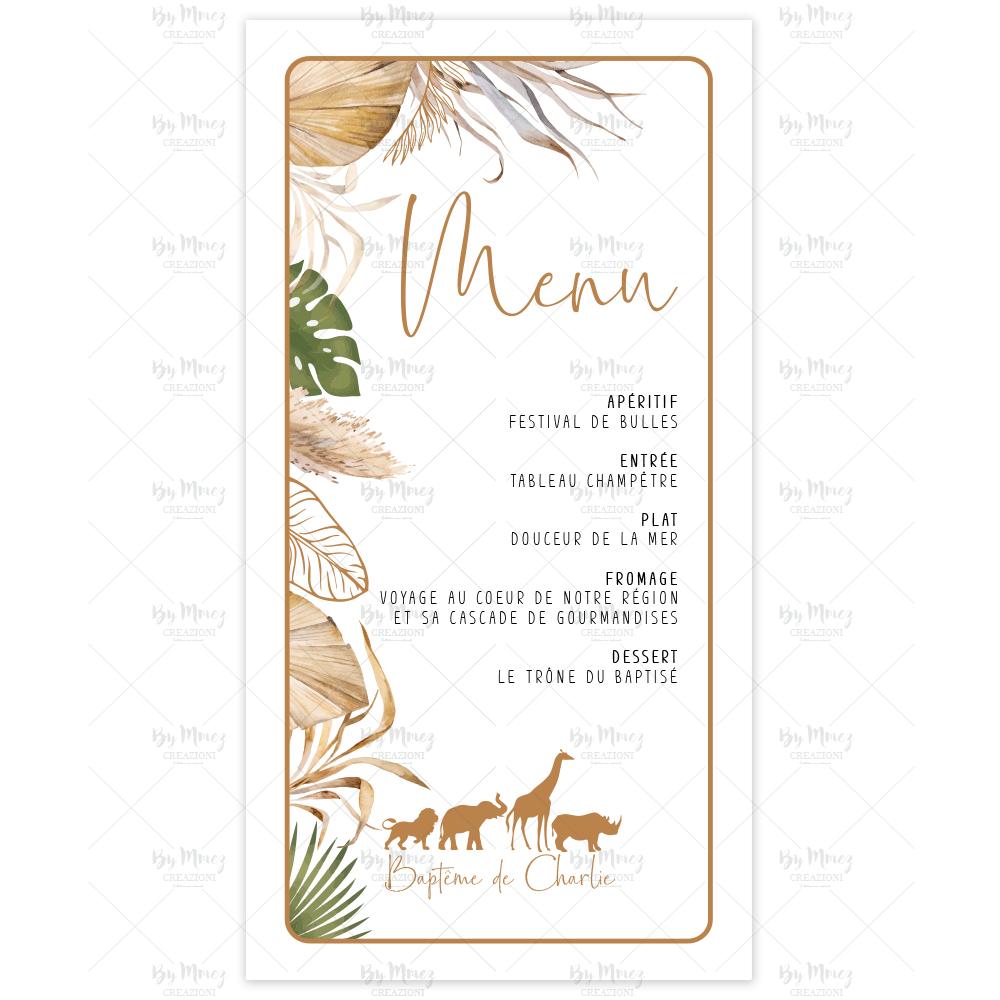 MMEZ CREAZIONI - MENU BAPTEME PERSONNALISE SAVANE TROPICAL CHIC