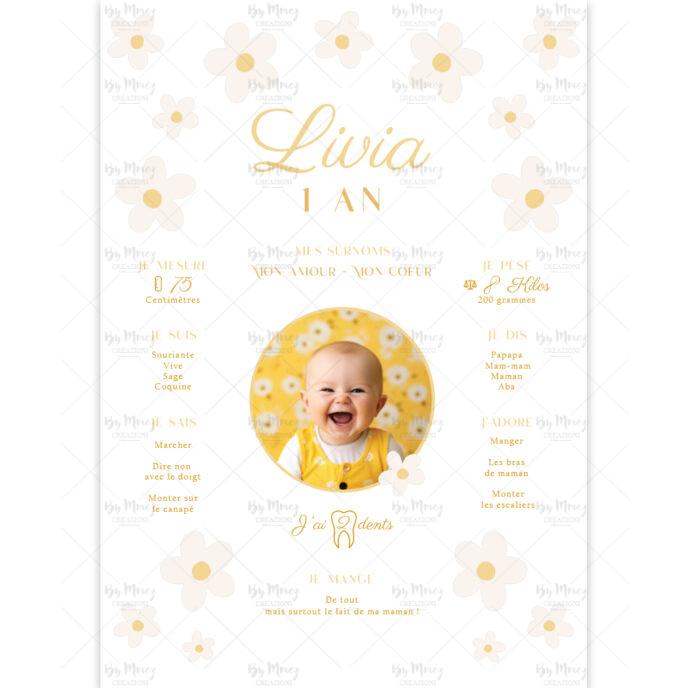 Affiche anniversaire personnalisée - Thème Pâquerette Blanche & Jaune