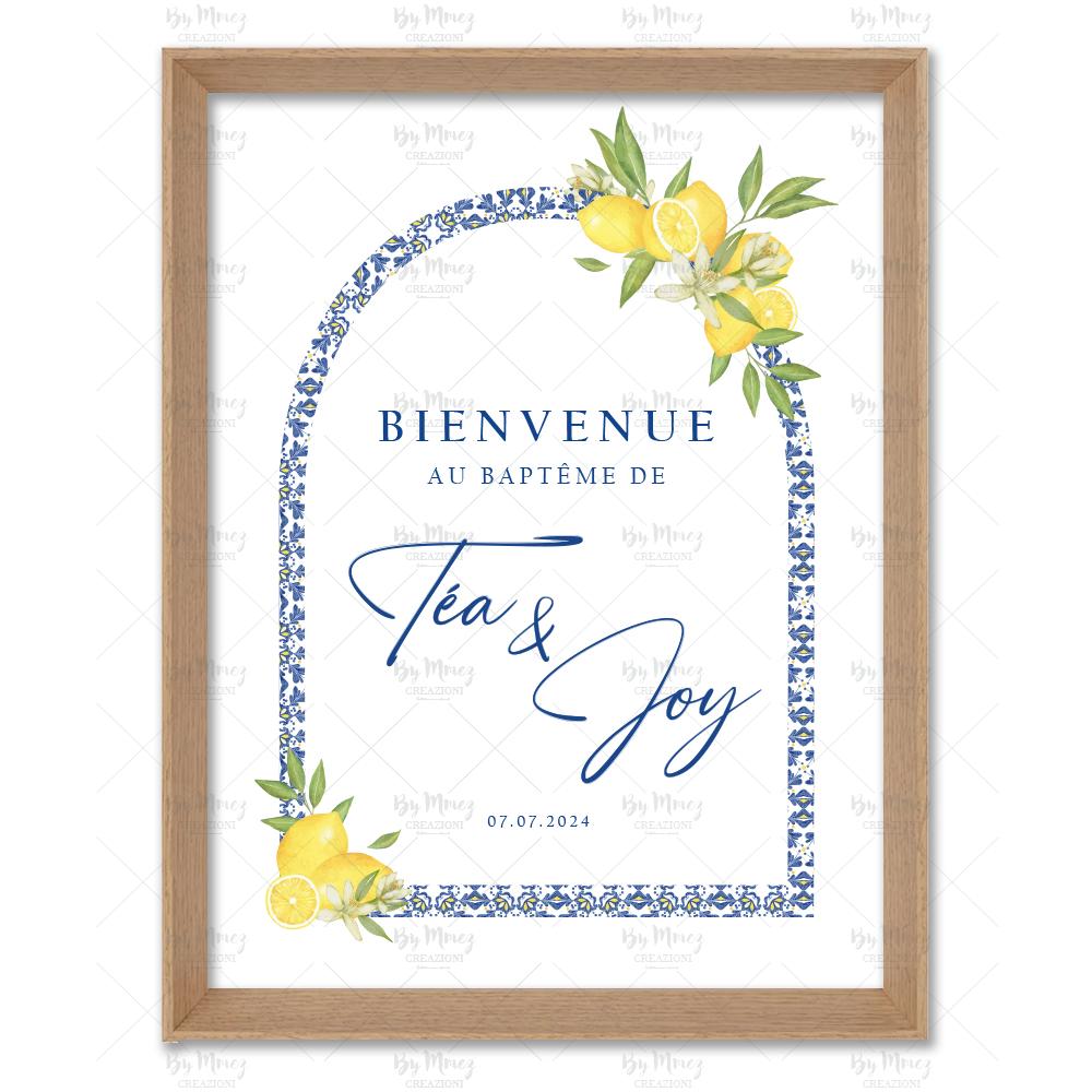 MMEZ CREAZIONI - AFFICHE BAPTEME BIENVENUE PERSONNALISE AQUARELLE DOLCE VITA CITRON & BLEU - 1