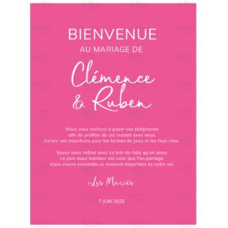 Affiche Mariage Bienvenue - Thème Rose Fushia