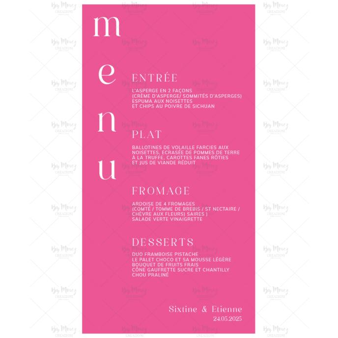 Menu mariage - Fleuries & Rose Fushia