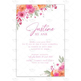 Invitation Anniversaire - Thème Fleuries Fushia & Orange