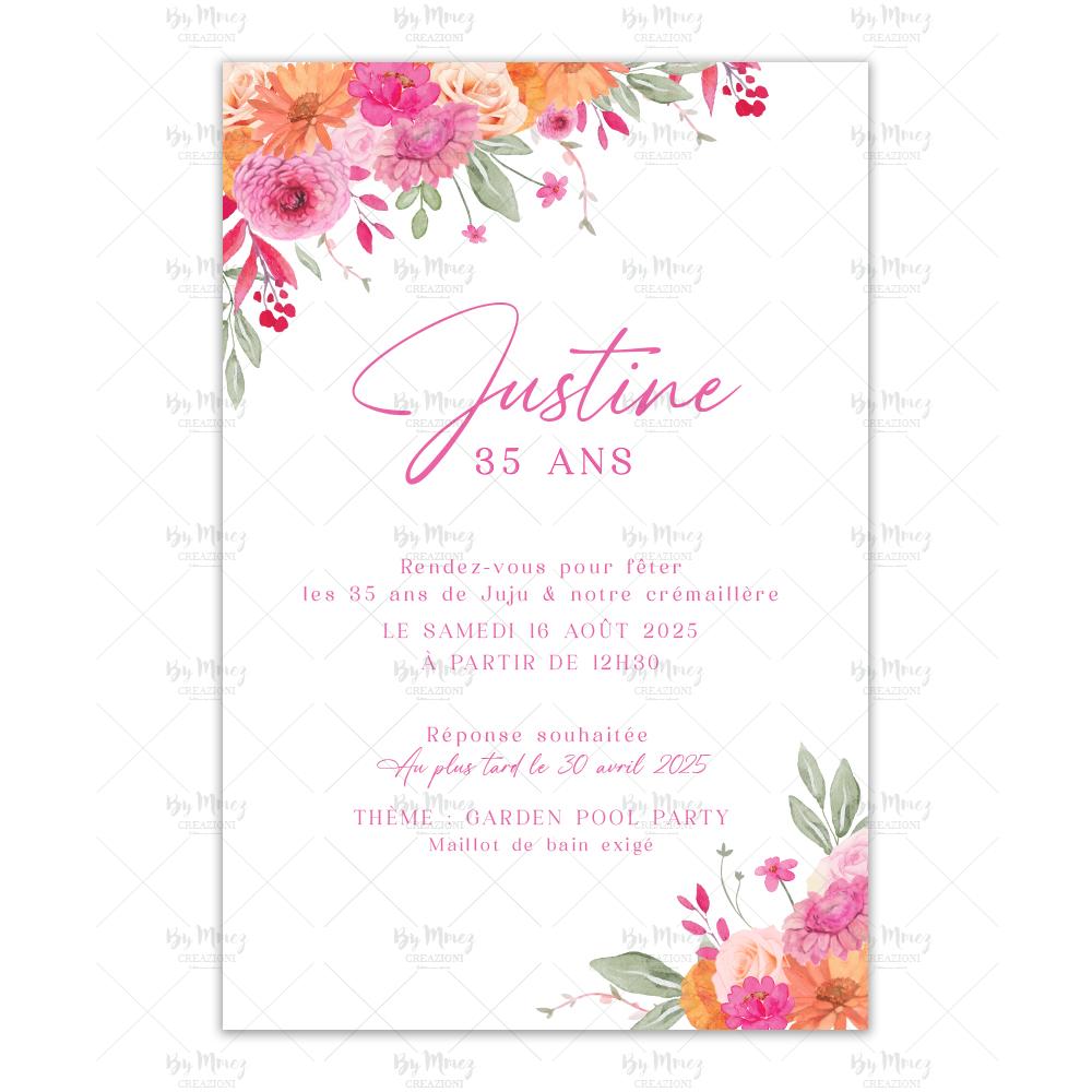 MMEZ CREAZIONI - INVITATION ANNIVERSAIRE PERSONNALISEE - FLEURIE FUSHIA & ORANGE